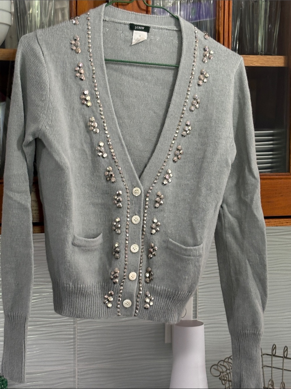 J. Crew Embellished Light Gray V-Neck Button Cardigan